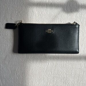 Coach Black Pebbled Leather Zip Wristlet Wallet with Gold Logo